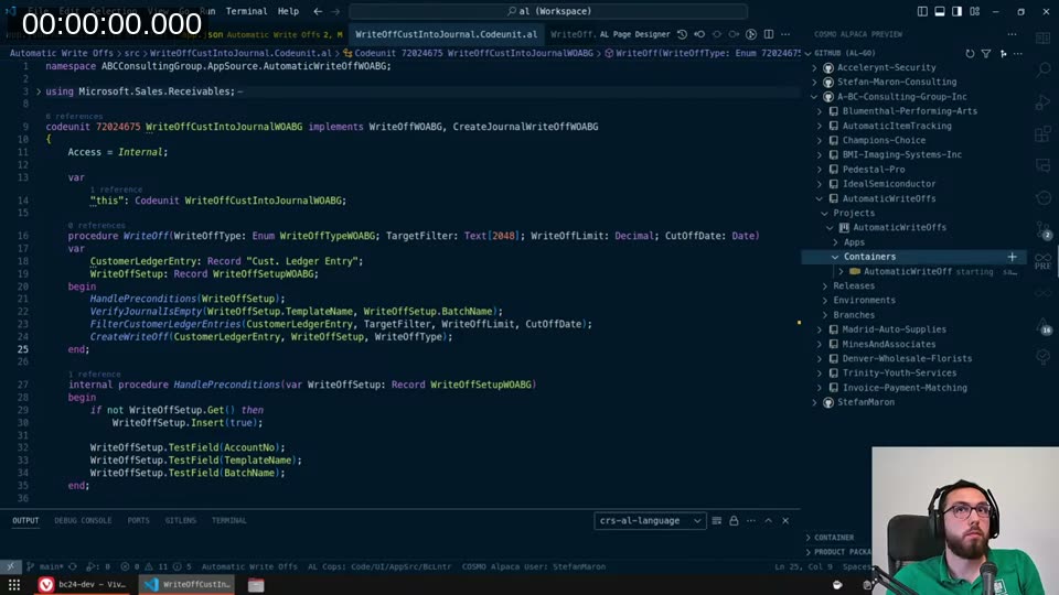 VS Code showing the WriteOffCustIntoJournalWOABG codeunit structure