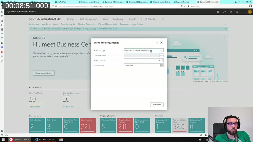 Write off Documents dialog in BC client showing the type selector