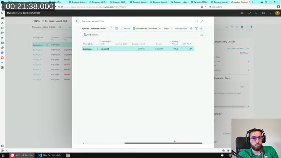 Applied Customer Entries showing the write-off payment applied and closed