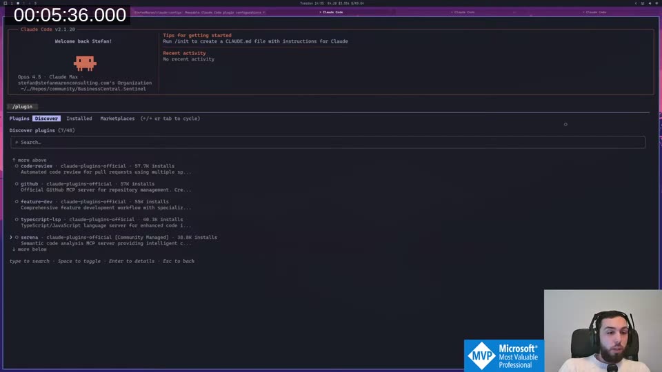 Claude Code plugin marketplace showing Discover/Installed/Marketplaces tabs with available plugins