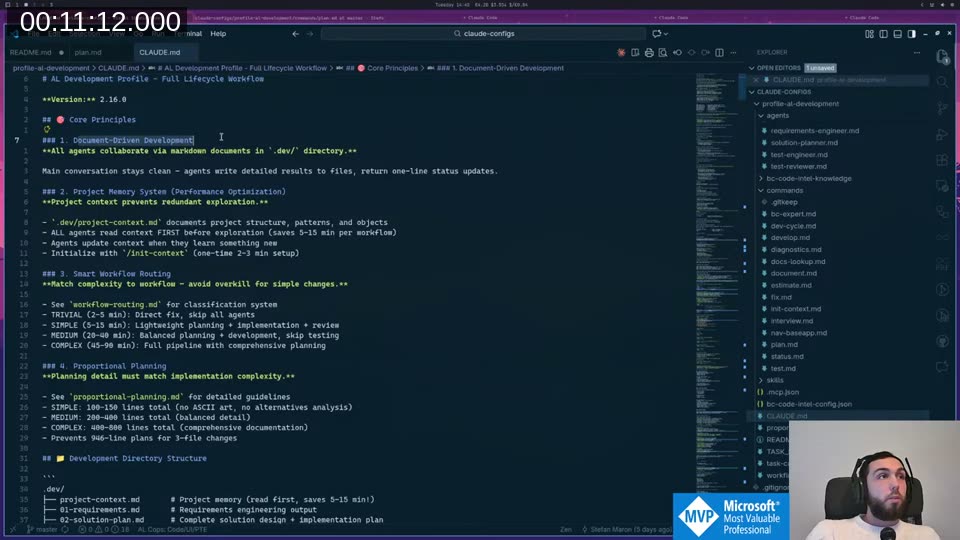 CLAUDE.md open in VS Code showing Core Principle #1: Document-Driven Development — “All agents collaborate via markdown documents in .dev/ directory. Main conversation stays clean — agents write detailed results to files, return one-line status updates.”