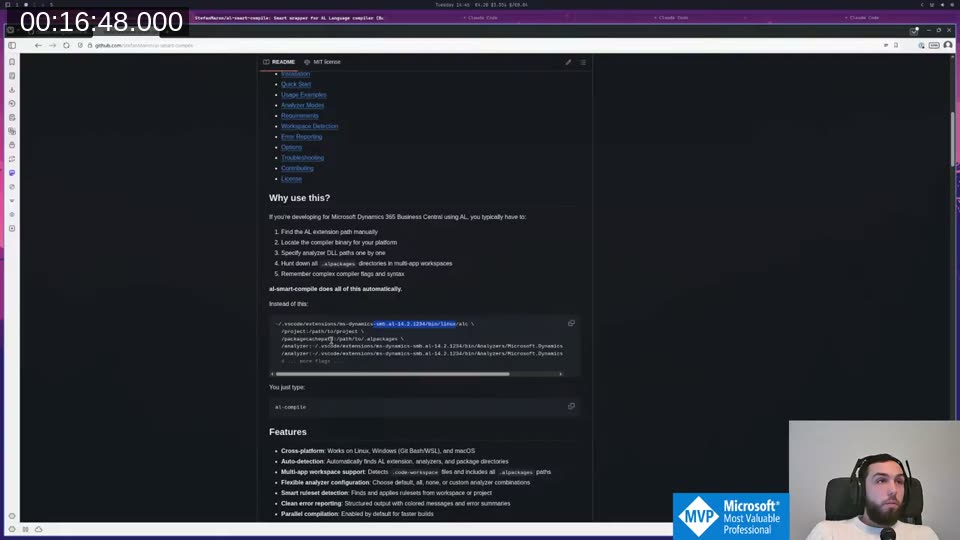 al-smart-compile GitHub README showing the problem: a multi-line compiler command with vscode extension paths and analyzer flags, vs the solution: just “al-compile”