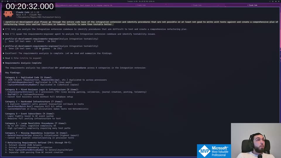 Claude Code terminal showing requirements engineer output with 6 categories: Duplicated Code (8 items), Mixed Business Logic & Infrastructure (8 items), Hardcoded Infrastructure (7 items), Event Subscribers (4 items), Large Monolithic Procedures (7 items), Missing Dependency Injection (6 items)