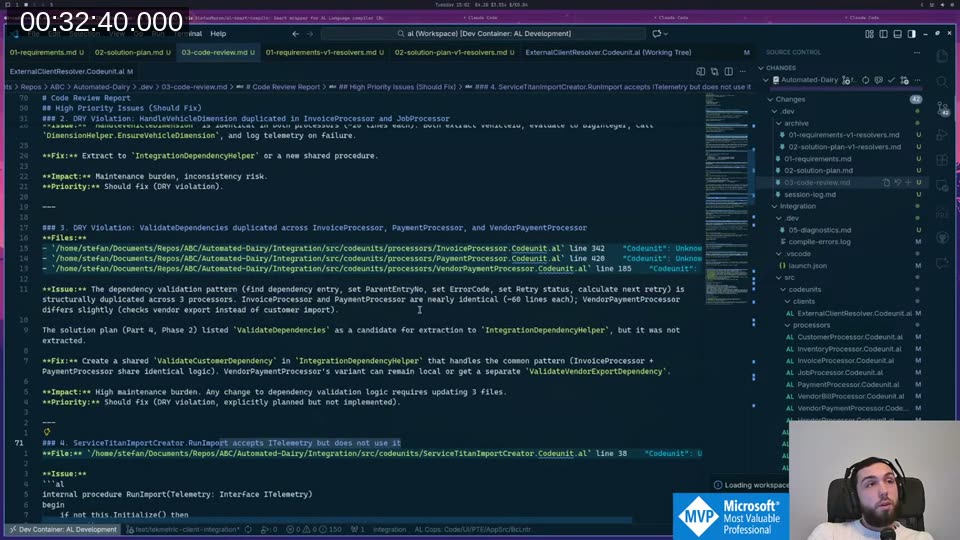 Code review document in VS Code showing DRY violations: ValidateDependencies duplicated across InvoiceProcessor, PaymentProcessor, VendorBillProcessor — ~60 lines each, nearly identical
