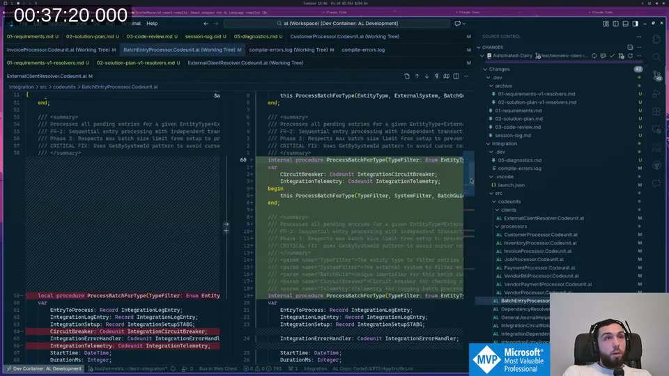 Claude Code showing final development summary table: 8 phases, 0 errors, 56 warnings (3 auto-fixed), 42 files touched, +8000/-14295 lines, cooked in 1h 28m
