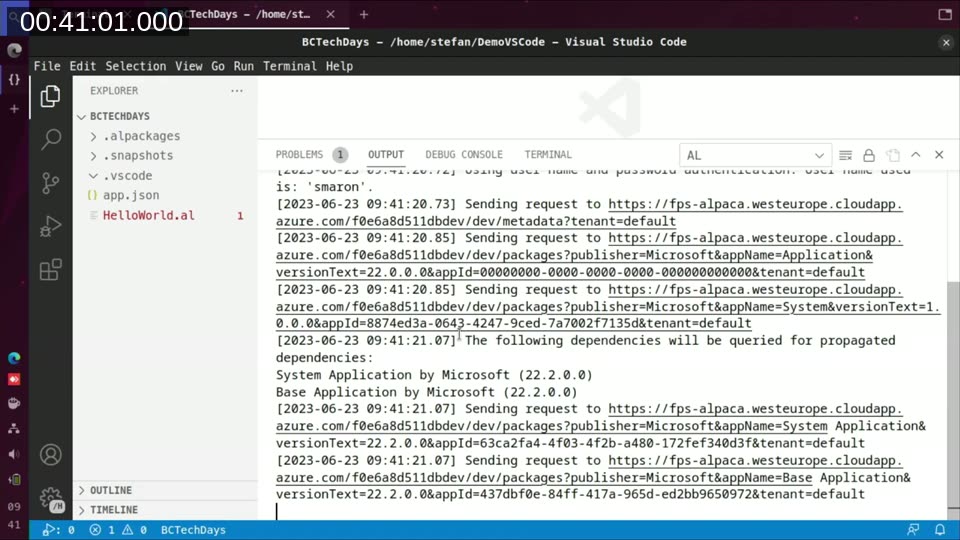 VS Code output panel showing symbols downloading successfully on Linux