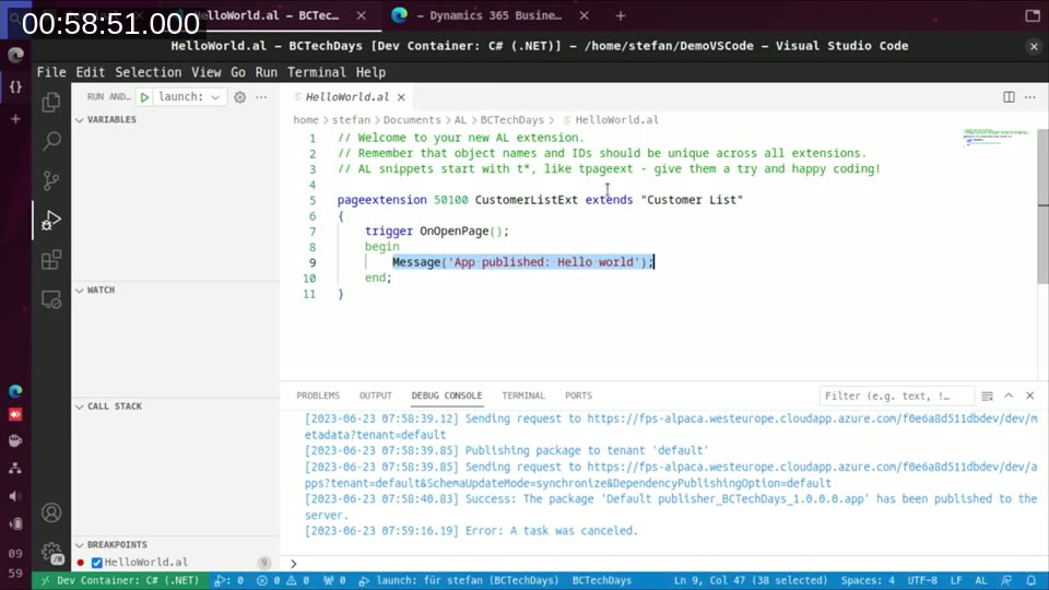 VS Code debugger stopped at a breakpoint inside custom AL code running in a Dev Container