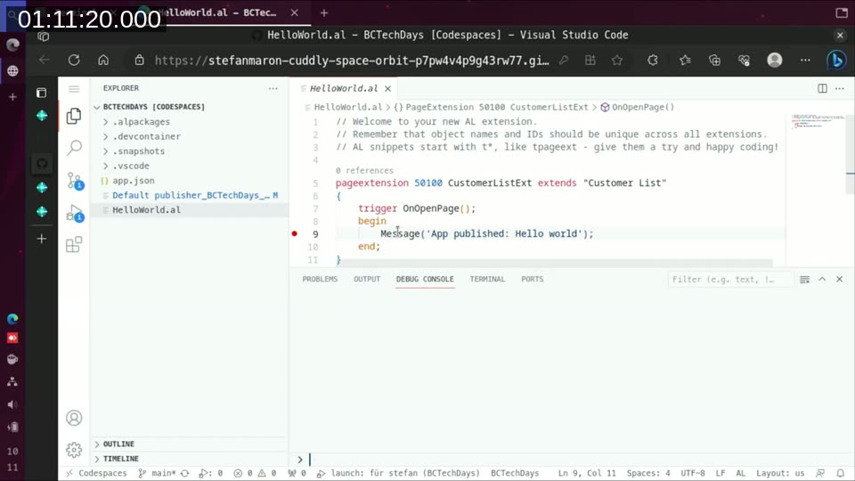 VS Code running entirely in a browser, connected to a GitHub Codespace, with a breakpoint set in AL code