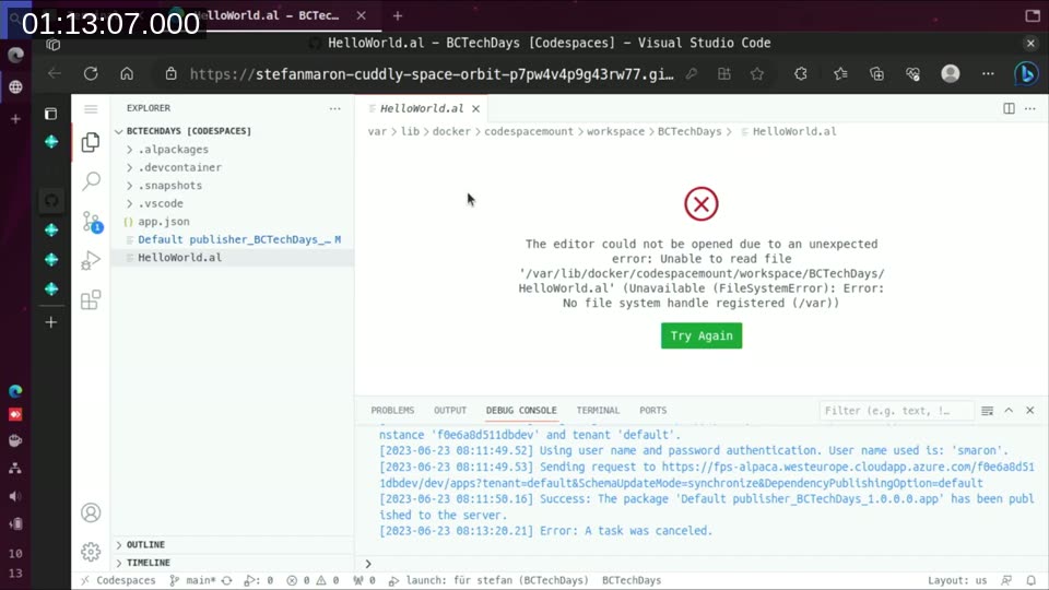 Error in VS Code: &ldquo;The editor could not be opened due to an unexpected error: Unable to read file &lsquo;/var/lib/docker/codespacemount/workspace/BCTechDays/HelloWorld.al&rsquo;&rdquo;