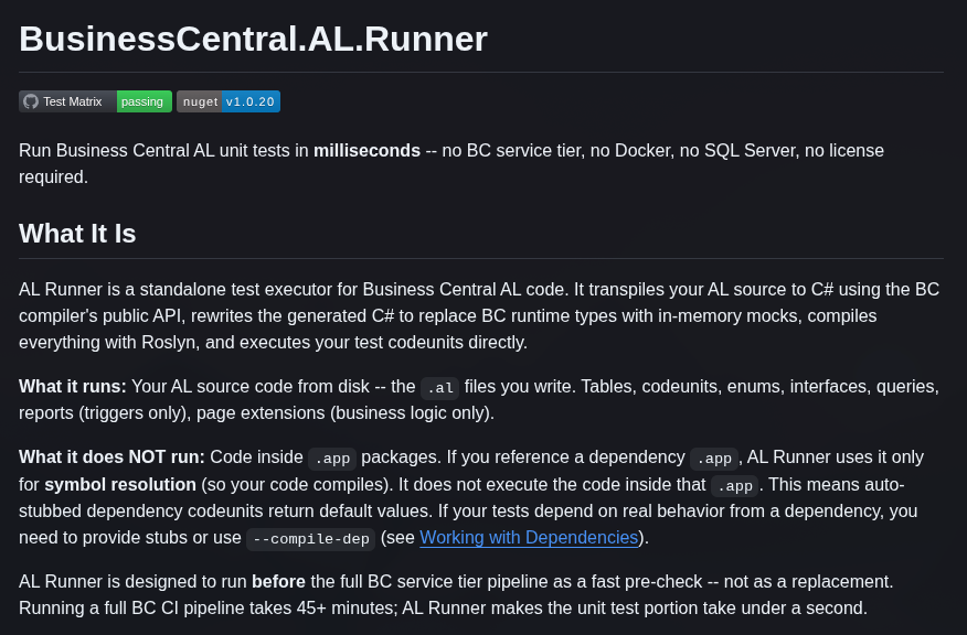 BusinessCentral.AL.Runner on GitHub — Test Matrix passing, NuGet v1.0.20