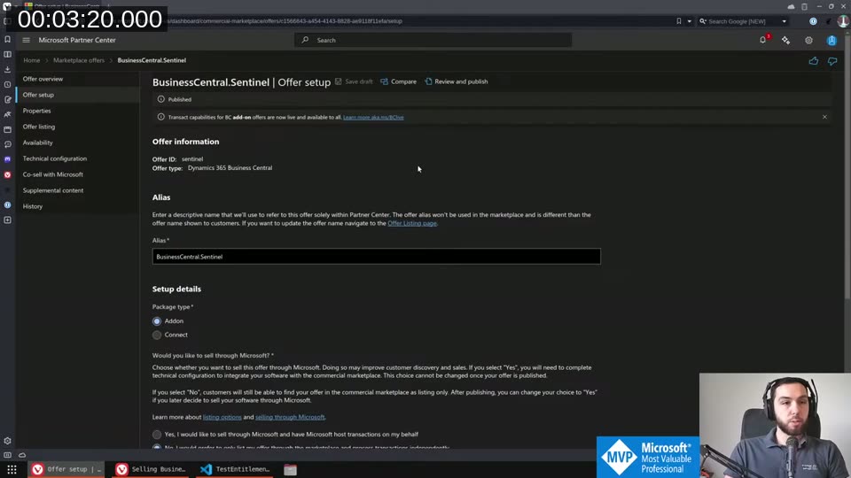 Partner Center offer setup page with the sell through Microsoft option