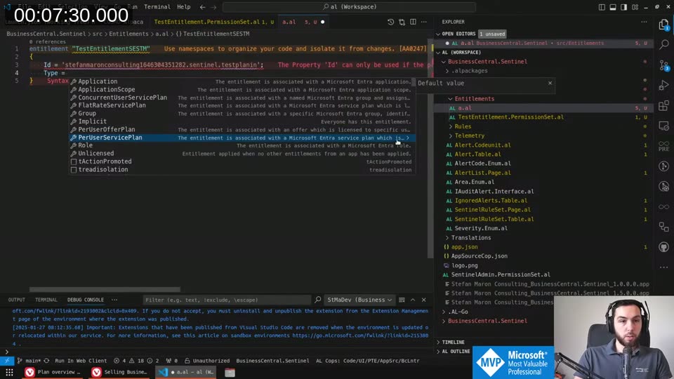 VS Code autocomplete showing all entitlement Type options including PerUserOfferPlan, Unlicensed, Group, Application, ApplicationScope, Role