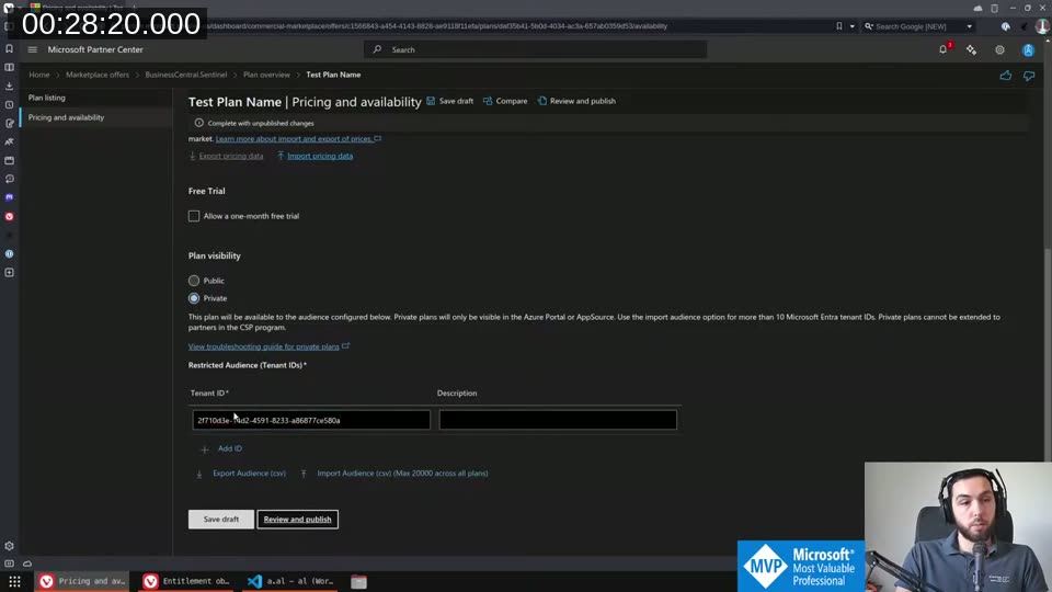 Plan visibility settings in Partner Center set to Private with a tenant ID in the restricted audience list