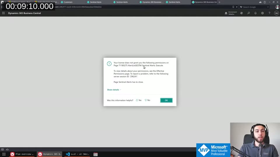 Business Central error dialog: Your license does not grant you the following permissions on Page 71180275 AlertListSESTM Sentinel Alerts: Execute