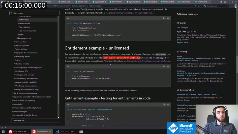 Microsoft docs showing the Unlicensed entitlement example and code for checking entitlements using CheckingForMyEntitlements
