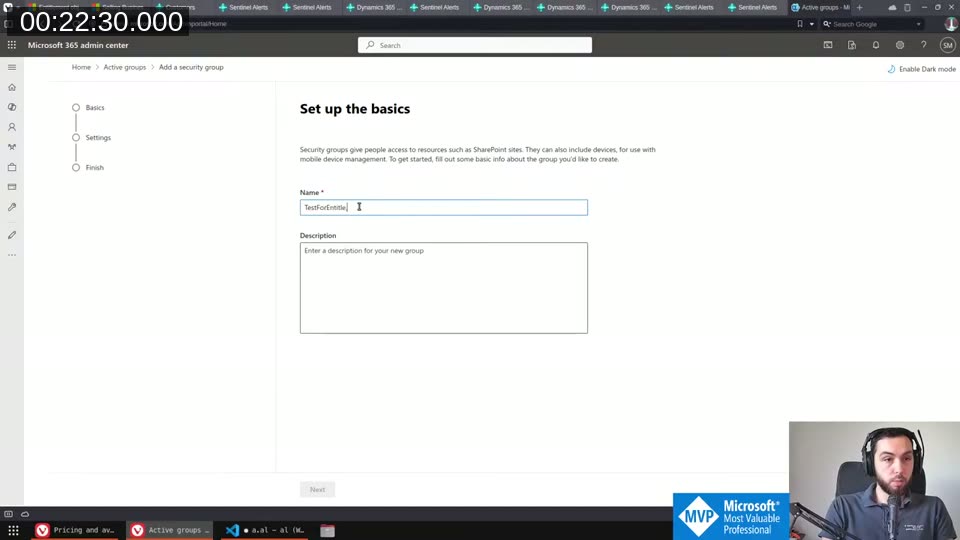 Microsoft 365 admin center showing the &lsquo;Add a security group&rsquo; form with name &lsquo;TestForEntitlement&rsquo;