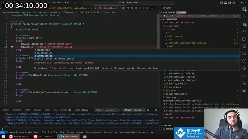 VS Code IntelliSense showing NavApp.IsUnlicensed tooltip: &lsquo;Determines if the current user is assigned the Unlicensed entitlement type for the application&rsquo;