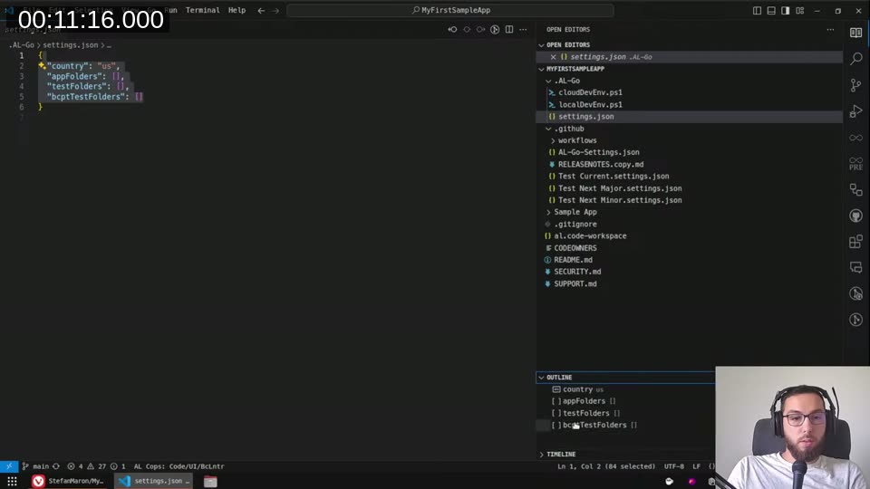 settings.json showing the initial repo structure in VS Code