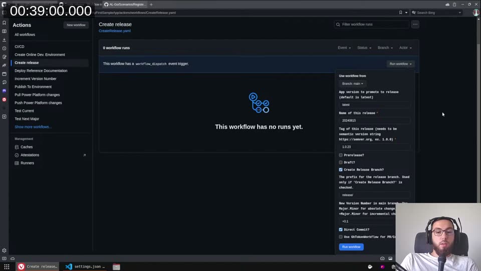 Create release workflow with version, release branch and increment settings