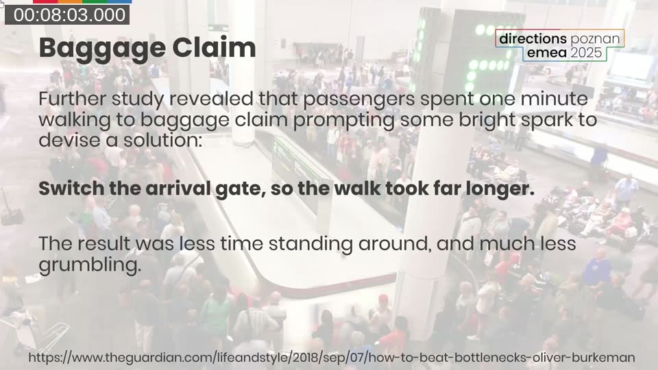 Baggage claim slide explaining how changing the arrival gate reduced perceived wait time