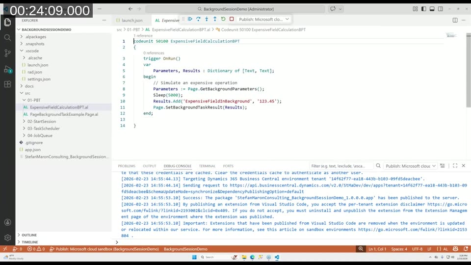 VS Code showing the PageBackgroundTask codeunit structure: OnRun trigger retrieving background parameters, doing a Sleep(5000), and setting results via Page.SetBackgroundTaskResult