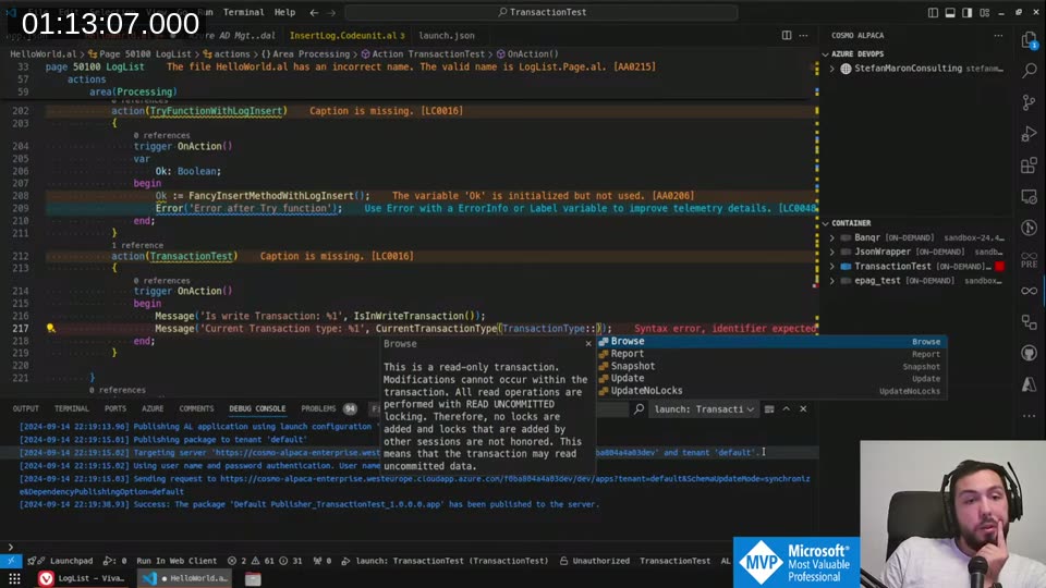VS Code showing TransactionType dropdown with Browse, Report, Snapshot, Update, UpdateNoLocks options