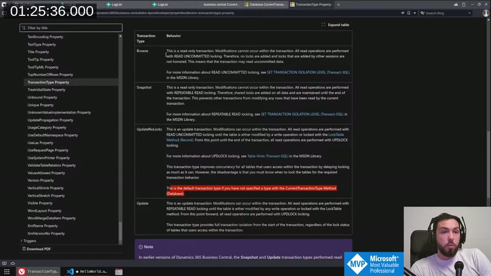 MS Docs page showing TransactionType property table, with UpdateNoLocks highlighted as default