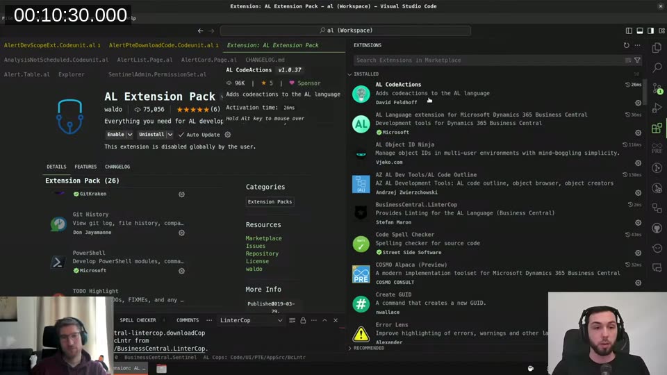 VS Code showing the AL Extension Pack and a list of installed AL extensions
