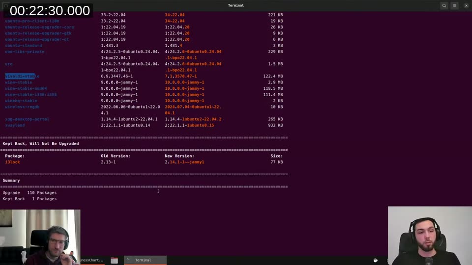 Terminal showing Nala package upgrade list with 110 packages, columns for old version, new version, and size