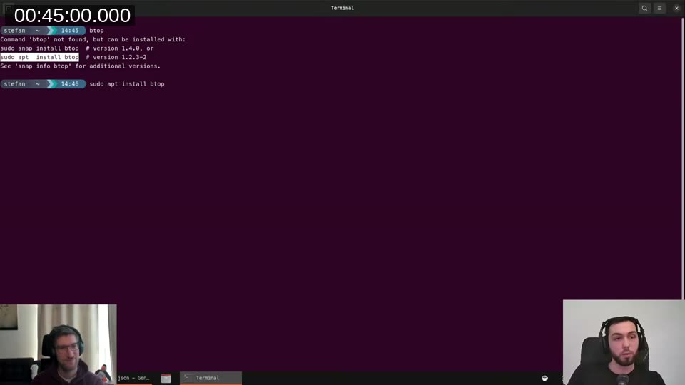 Terminal showing btop command not found, then sudo apt install btop being executed