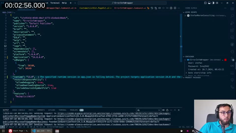 app.json with runtime 13.0 targeting BC 24.0