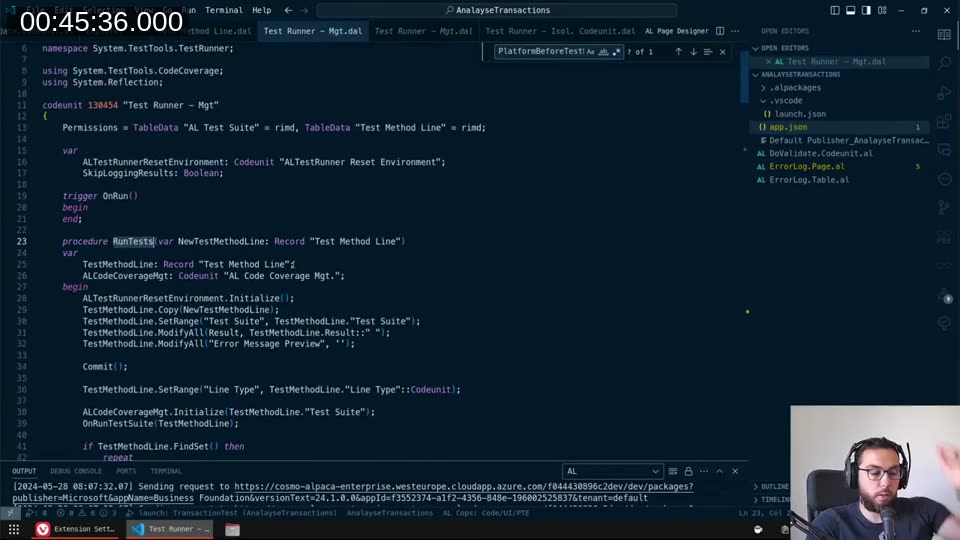 Test Runner Mgt internals showing RunTests, CODEUNIT.Run loop, and OnAfter triggers