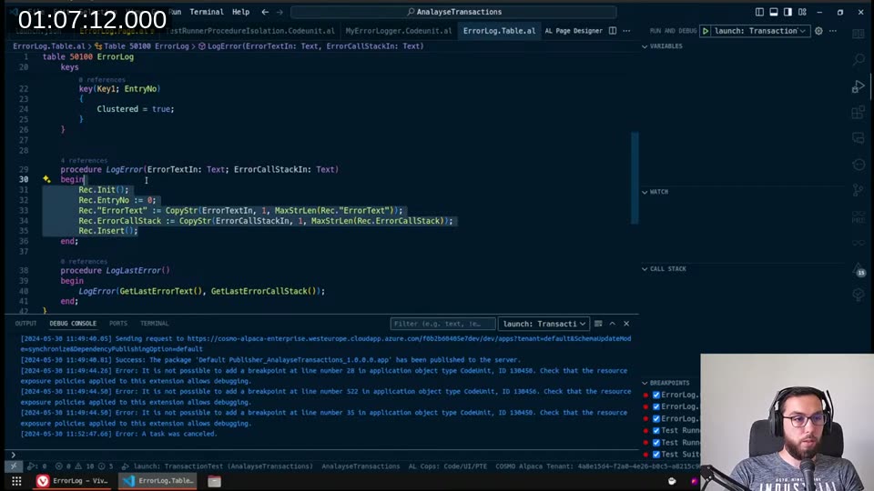 ErrorLog table with LogError procedure in debugger