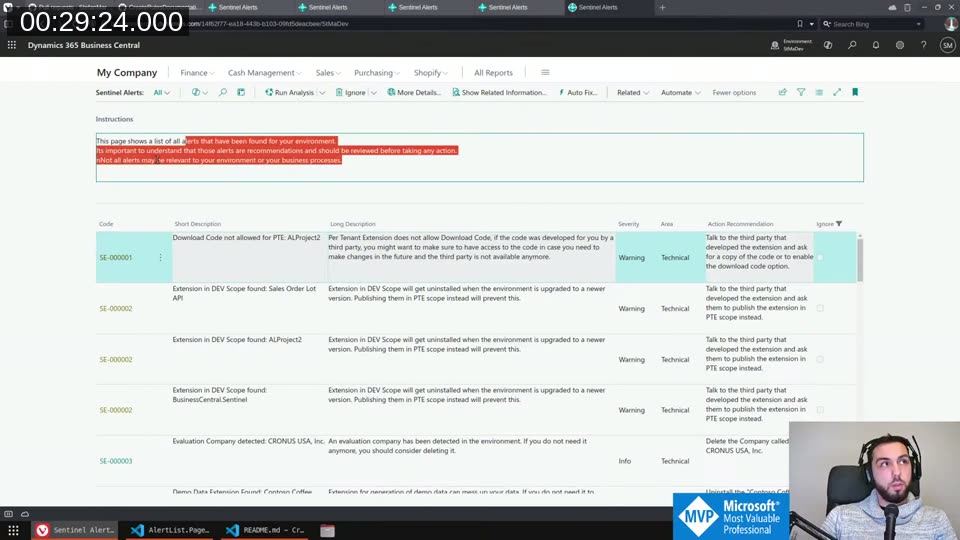 Instructions panel visible above the alerts list in Business Central