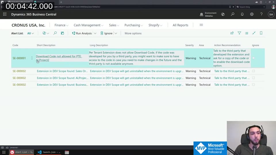 BC Alert List showing the initial Sentinel rules — SE-000001 and SE-000002 with full descriptions, severity, and action recommendations