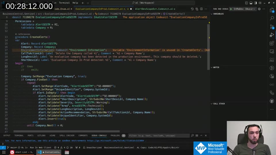 EvaluationCompanyInProd.Codeunit.al in the VS Code debugger — full CreateAlerts implementation showing the production check and alert insert loop