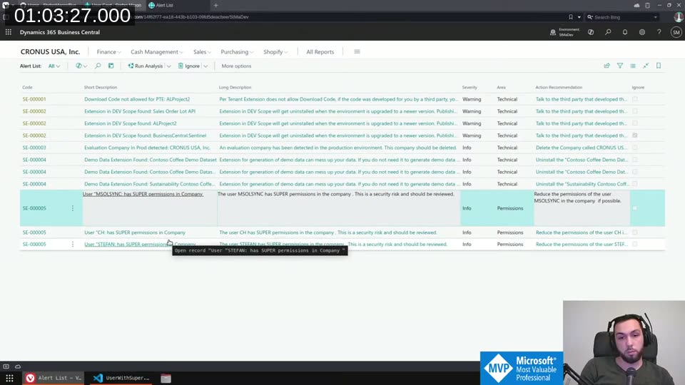 BC Alert List showing all five rules live — SE-000001 through SE-000005 across Technical and Permissions areas, with a tooltip showing the open-record action for the SUPER user warning