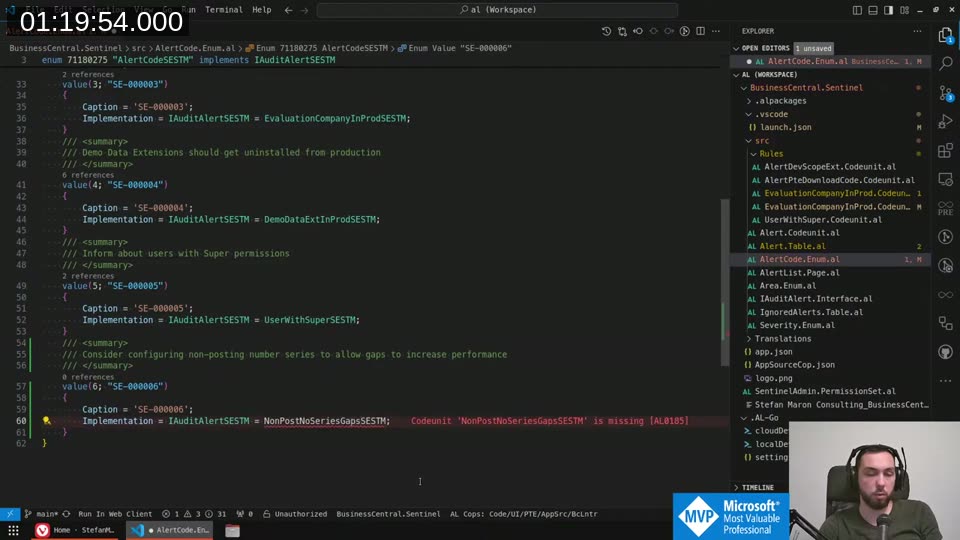 AlertCode.Enum.al showing all six rules registered with their IAuditAlertSESTM implementations — the complete rule registry