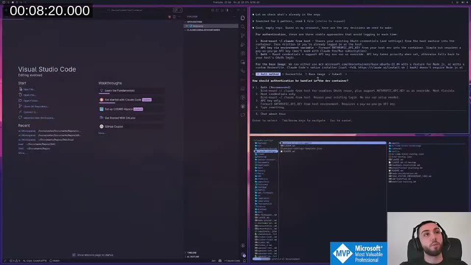 Claude asking about authentication approach — bind mount, API key, or both