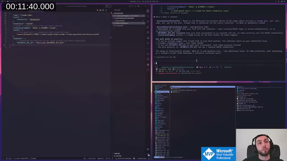 The initial devcontainer.json binding ~/.claude from the host plus ANTHROPIC_API_KEY env var