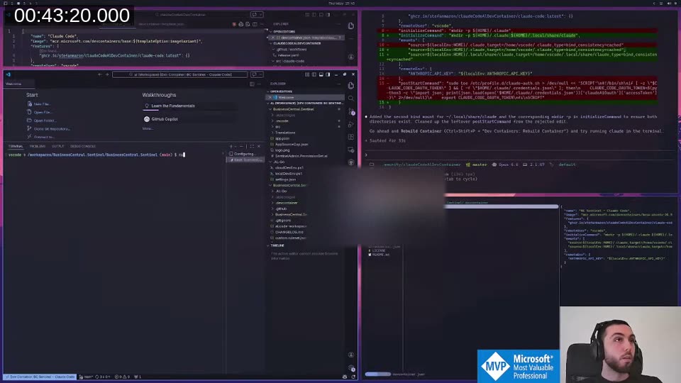 devcontainer.json using named Docker volumes — claude-code-config and claude-code-data