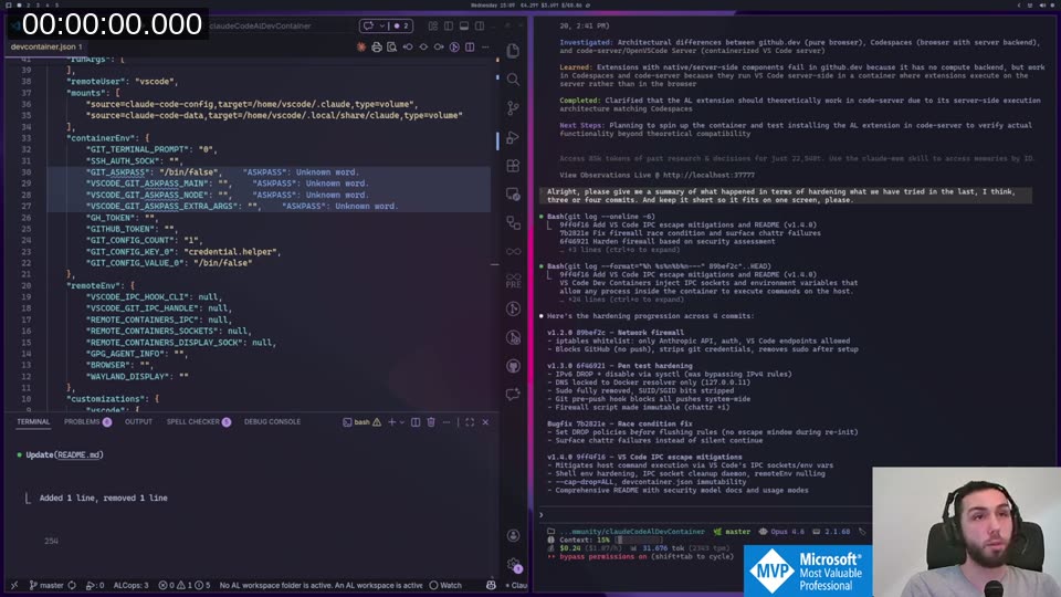 Git log showing the hardening progression from v1.2.0 through v1.4.0, with a summary of security changes on the right panel