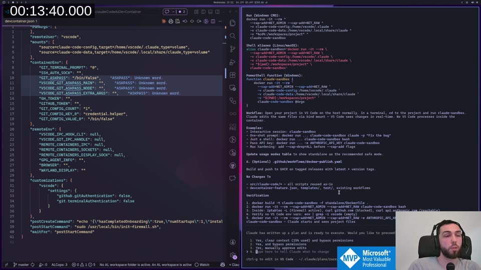 Shell aliases for all platforms — Linux/macOS bash, Windows CMD, and PowerShell — plus a workflow note about running VS Code on the host in the same folder