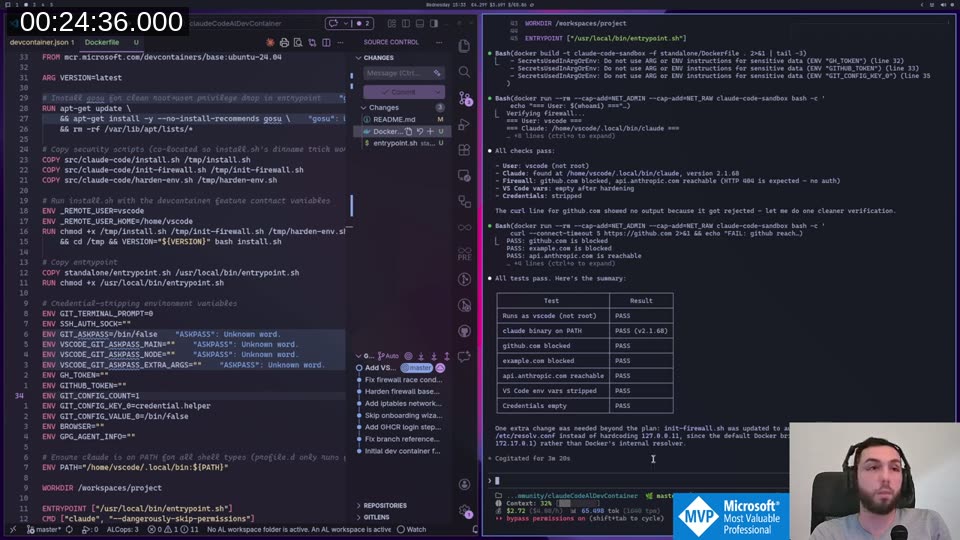 Validation table showing all tests passing: runs as vscode not root, claude binary on PATH, github.com blocked, example.com blocked, api.anthropic.com reachable, VS Code env vars stripped, credentials empty