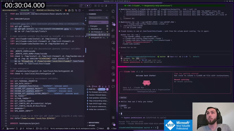 Claude Code welcome screen inside the standalone container — &ldquo;Welcome back Stefan!&rdquo; — confirming auth persisted from the previous session