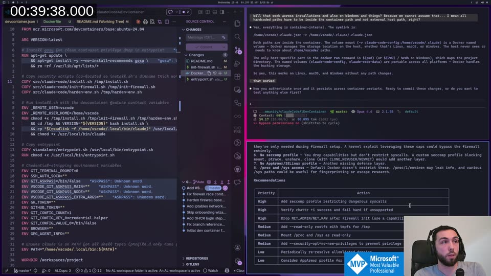 Security assessment summary showing strengths (iptables allowlist, credential stripping, sudo removal, SUID bit removal) and a prioritised recommendations table with items like adding a seccomp profile and dropping NET_ADMIN after firewall init