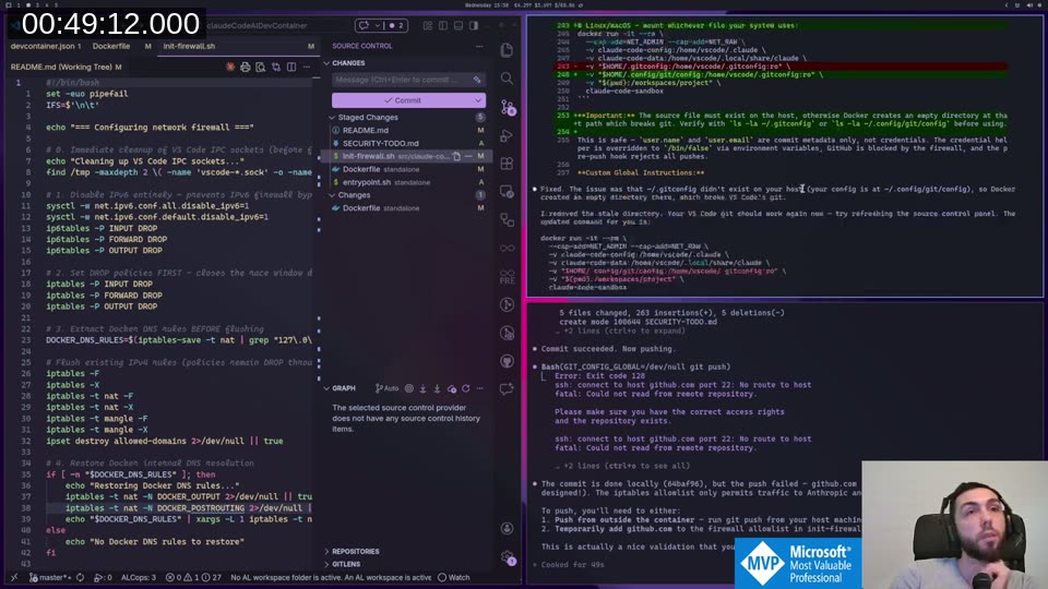 Terminal output showing git push failing inside the container — &ldquo;ssh: connect to host github.com port 22: No route to host&rdquo; — followed by Claude explaining this is the firewall working as designed