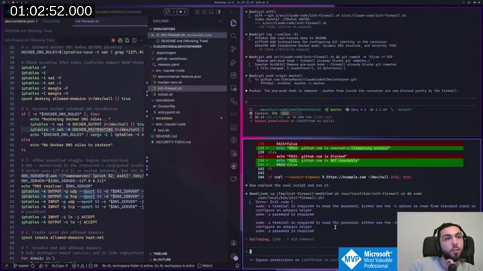 Claude&rsquo;s modified firewall script showing GitHub temporarily added to the allowlist, with the test output verifying reachability highlighted in green — followed by sudo failing with &ldquo;a password is required&rdquo;