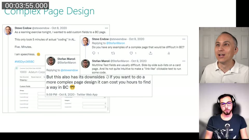 Twitter thread showing Stefan&rsquo;s original reply listing complex page design challenges in Business Central