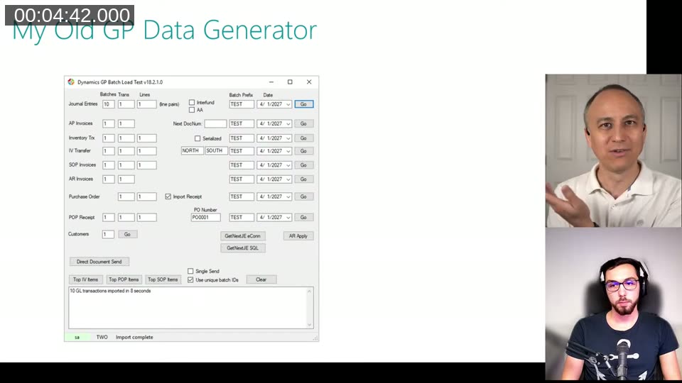 Steve&rsquo;s .NET Dynamics GP data generator — multiple independent Go buttons, status bar, log box